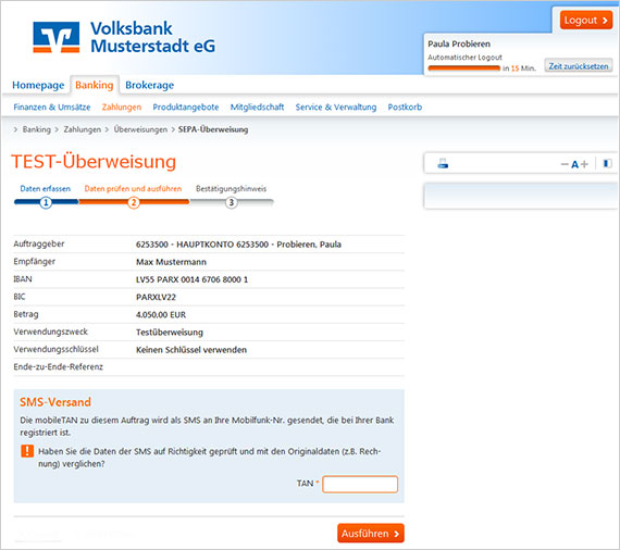 Phishing Warnungen Ansicht Phishing-Mail, Vorwand: Test-Überweisung