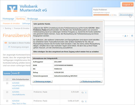 Phishing Warnungen Ansicht Finanzübersicht mit gefälschter Aufforderung zur Eingabe von Zugangsdaten